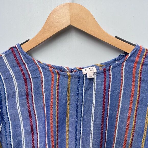 K.I.T Striped, KnotHem, Key hole Back, Short Sleeve Blouse, Women's size Medium - Picture 5 of 6